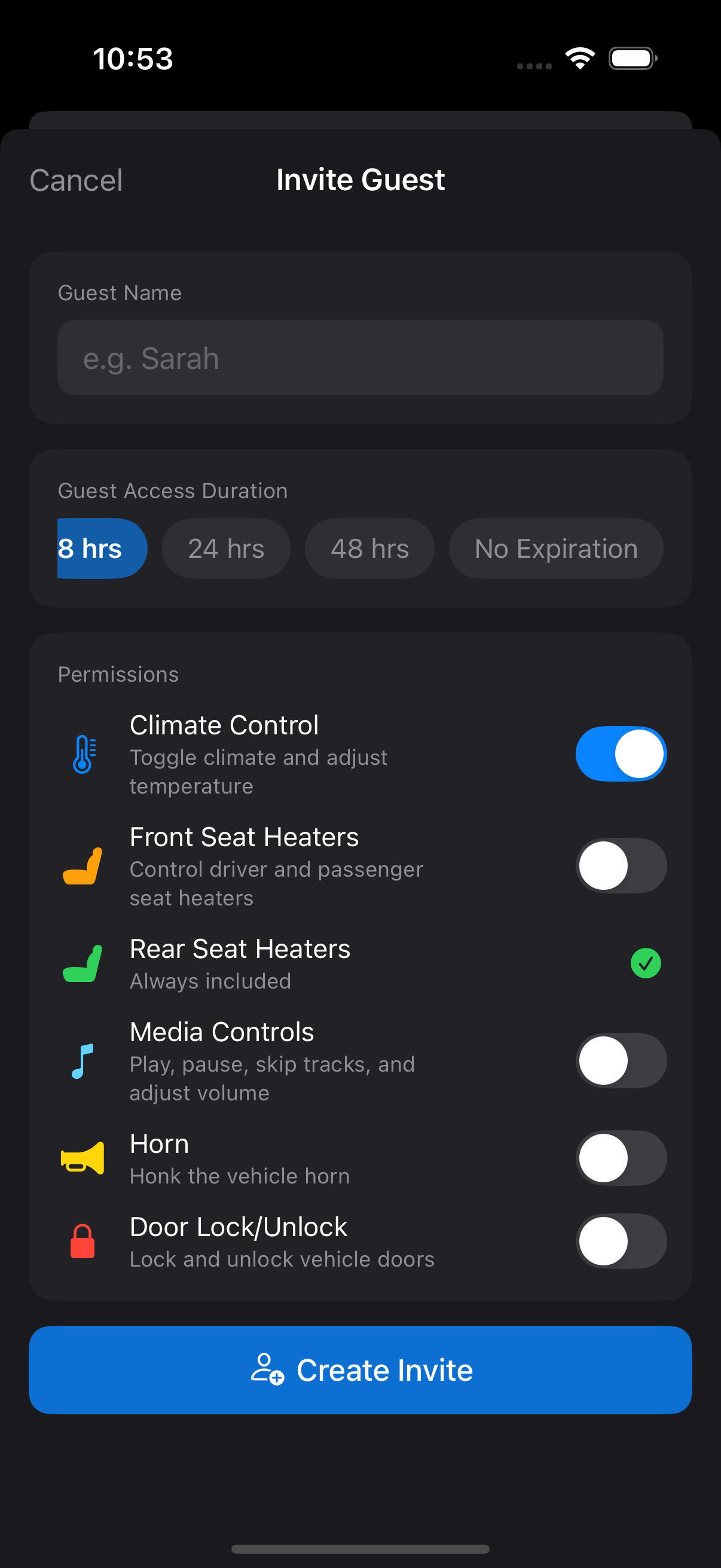 Create invite screen