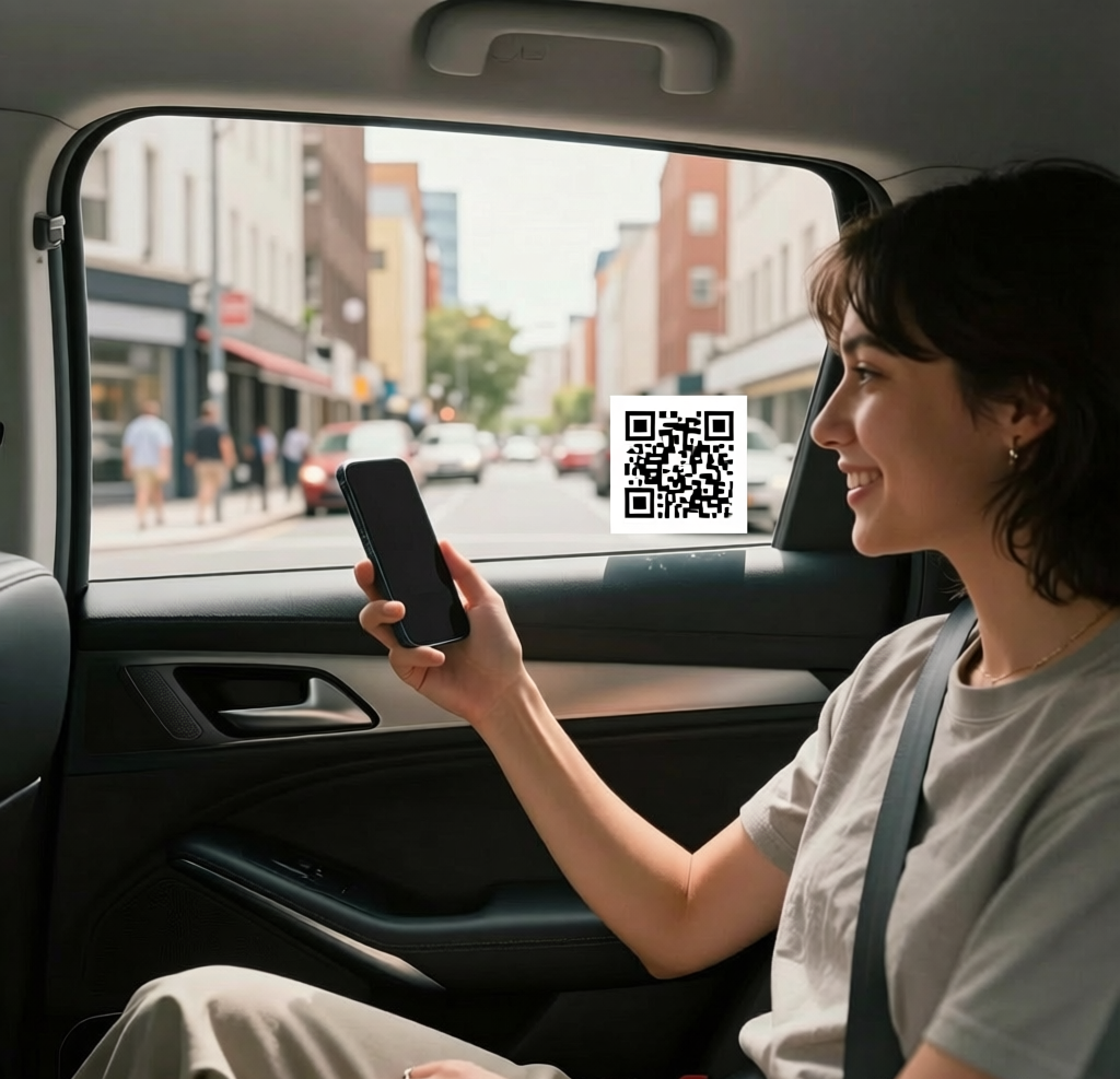 Passenger in backseat scanning a QR code with their phone