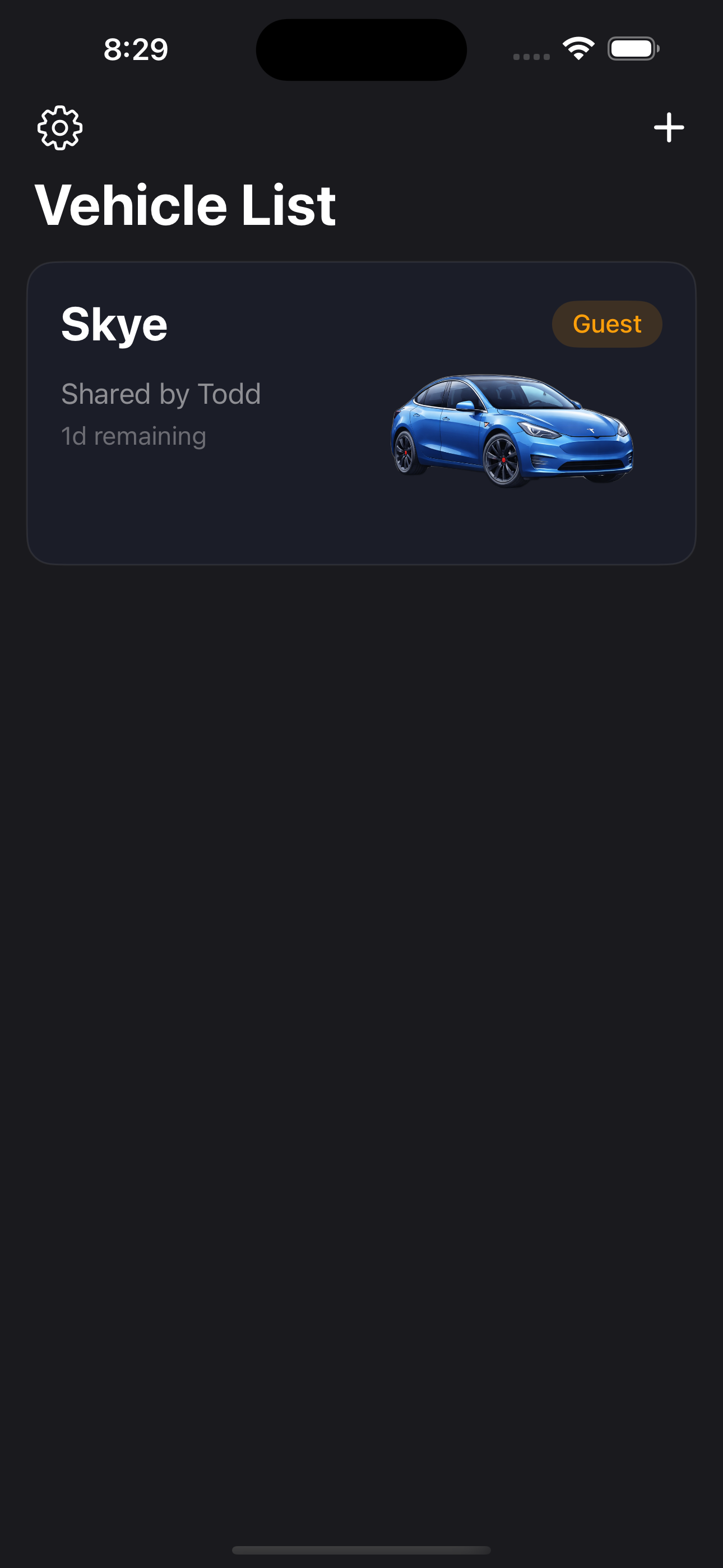 Vehicle list showing shared Tesla